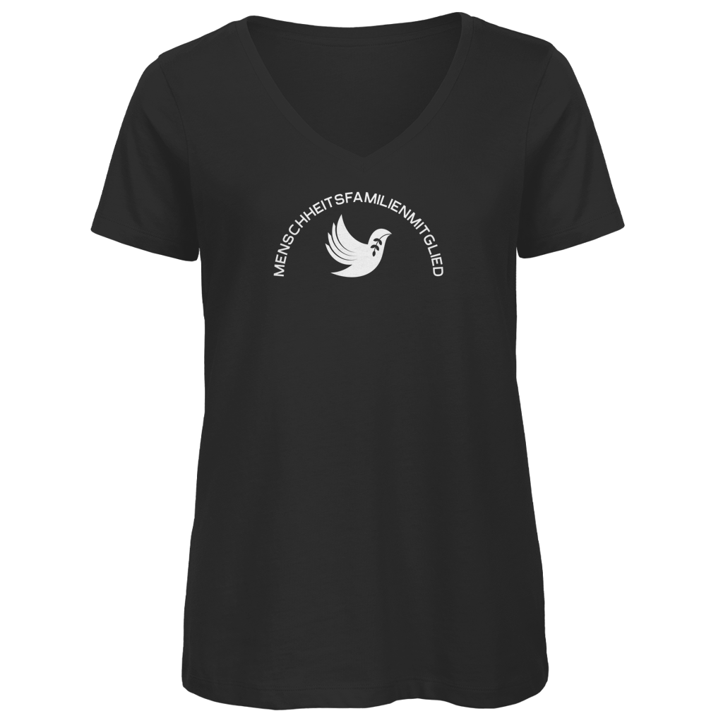 T-Shirt Damen Bio V- Neck "Menschheitsfamilienmitglied" (großer Druck) +5 Farben - Gr. XS-XXL