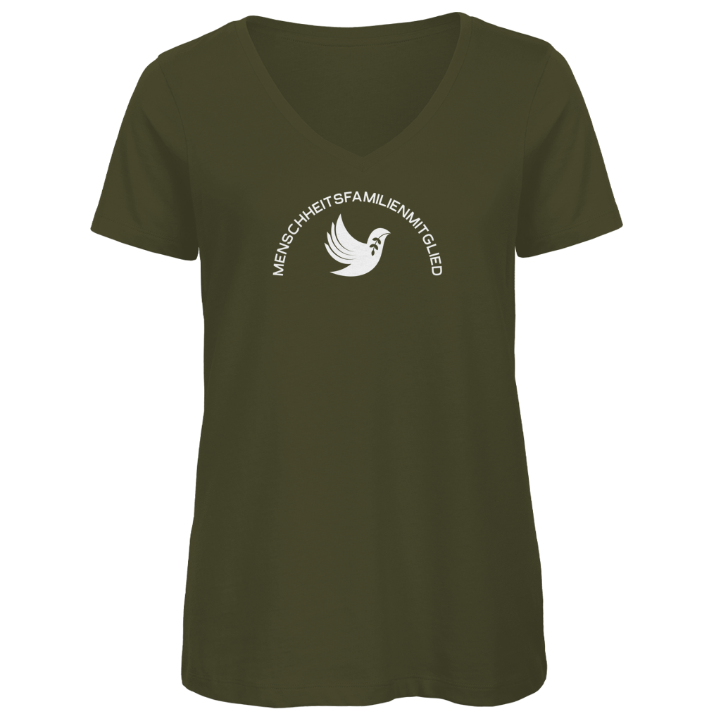 T-Shirt Damen Bio V- Neck "Menschheitsfamilienmitglied" (großer Druck) +5 Farben - Gr. XS-XXL