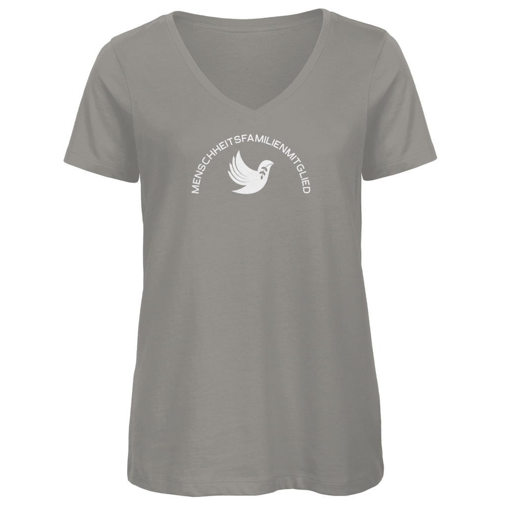 T-Shirt Damen Bio V- Neck "Menschheitsfamilienmitglied" (großer Druck) +5 Farben - Gr. XS-XXL