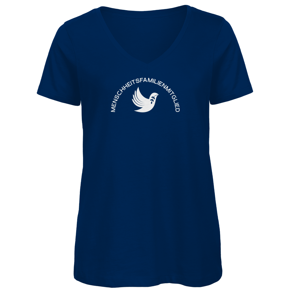 T-Shirt Damen Bio V- Neck "Menschheitsfamilienmitglied" (großer Druck) +5 Farben - Gr. XS-XXL