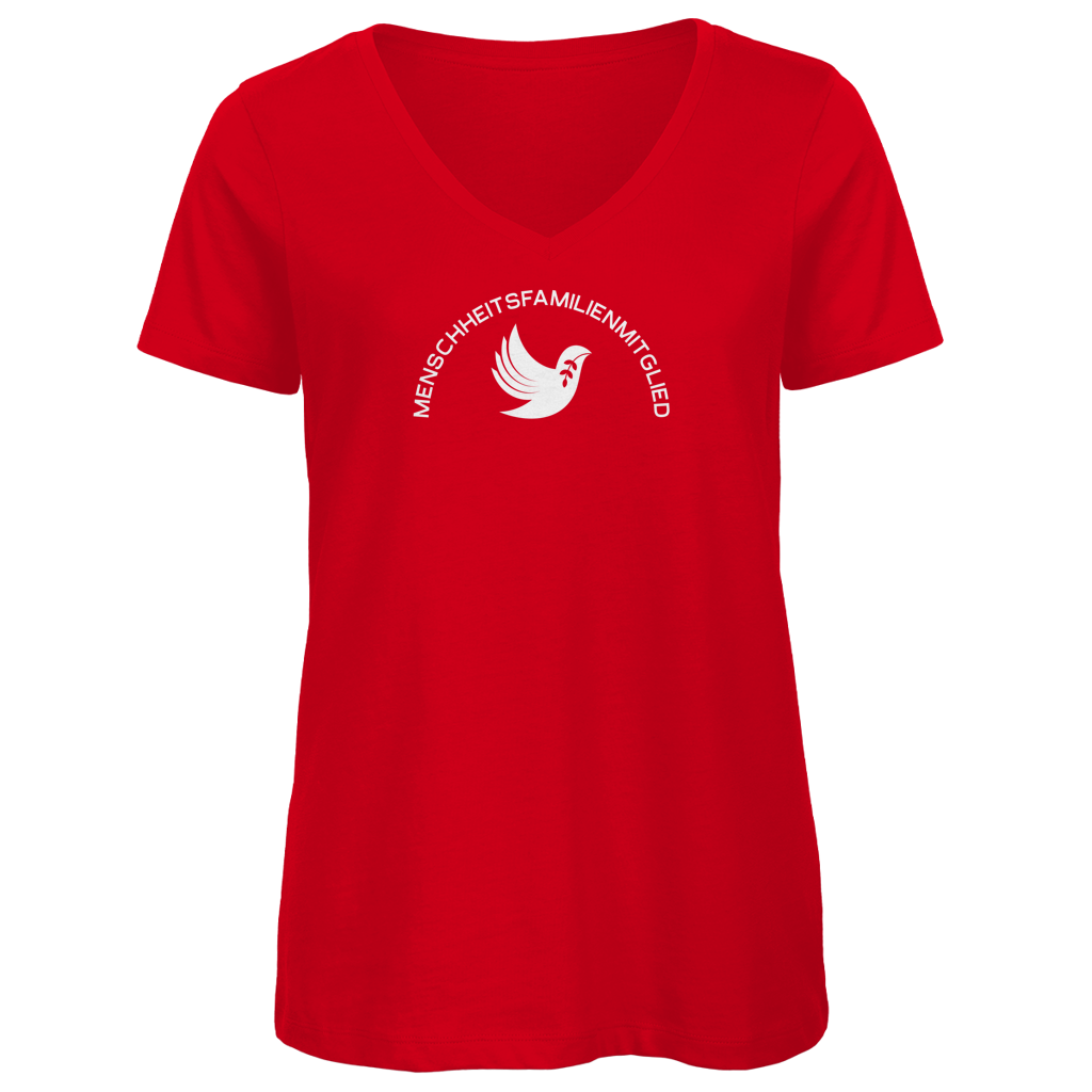 T-Shirt Damen Bio V- Neck "Menschheitsfamilienmitglied" (großer Druck) +5 Farben - Gr. XS-XXL