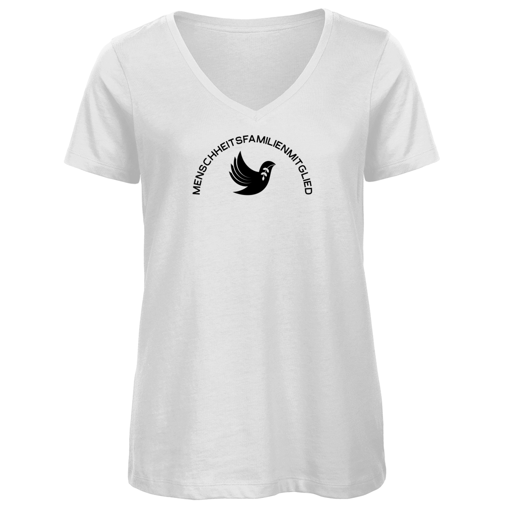 T-Shirt Damen Bio V- Neck "Menschheitsfamilienmitglied" (großer Druck) +5 Farben - Gr. XS-XXL